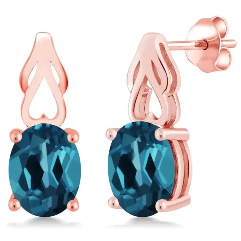 18K Rose Gold 925 with 3.60 Cttw London Blue Topaz Oval Post Back Drop Earrings